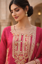 Luxury Ruby Red Embroidered 3-Piece Ethnic Suit Set for Festive & Wedding Wear